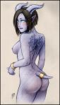  1girl 1girl ass black_hair blue_eyes blue_skin bracelet draenei glowing glowing_eyes high_resolution horns jewelry nipples nude pointed_ears purple_lips short_hair tail warcraft wickedj world_of_warcraft 