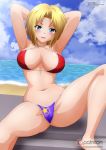 1girl beach big_breasts bikini blue_eyes blue_mary breasts cameltoe fatal_fury female female_only hands_behind_head king_of_fighters looking_at_viewer mostly_nude nipples patreon short_hair solo spread_legs yukino_memories zel-sama