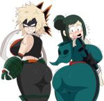 2_girls alternate_costume ass big_ass blonde_hair blush cosplay embarrassed green_hair impossible_clothes inko_midoriya jinu milf mitsuki_bakugo my_hero_academia revealing_clothes short_hair smile