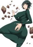  1girl ass big_ass big_breasts black_hair breasts chickenandtiger fubuki_(one-punch_man) green_eyes looking_at_viewer one-punch_man rocks short_hair 