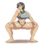 1girl abs barefoot breasts embo feet gray_hair gym_clothes huge_breasts kissy_face miss_ember_(cinders) muscle muscular muscular_female naughty_face necklace seductive seductive_smile smile squatting stretching thick_thighs thighs wink workout yellow_eyes