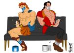 2boys beauty_and_the_beast crossover cum disney duct_tape gaston hercules hercules_(character) huge_penis kappax_(artist) mouth_closed muscle sweating tied_hands yaoi