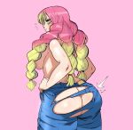 1girl ass big_ass chubby curvy embo fat_ass from_behind kanroji_mitsuri kimetsu_no_yaiba long_hair looking_back pink_background ripped_clothing ripped_pants sideboob topless torn_clothes torn_jeans two-tone_hair