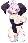 1girl 1girl 1girl areola arm_behind_head bare_shoulders big_breasts blue_eyes breasts clavicle closed_mouth cross cross_earrings detached_sleeves earrings head_wings heterochromia high_resolution jewelry large_areolae light_smile looking_at_viewer navel nipples original pink_hair pointed_ears purple_eyes short_hair simple_background slugbox stockings white_background white_legwear