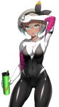 1girl alternate_costume bea_(pokemon) blush bodysuit breasts cosplay dark_skin female female_human female_only game_freak human impossible_clothes looking_at_viewer nintendo pokemon short_hair small_breasts solo spider-gwen spider-gwen_(cosplay) spider-man_(series) white_background white_hair