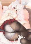  animal_ears animal_tail bent_knees breasts hair_between_eyes long_sleeves looking_at_viewer miniskirt non-nude original panties_under_pantyhose red_eyes tachimi_(basue) undressing white_hair white_panties 