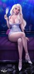  1girl alluring aroma_sensei blonde_hair blue_eyes blush breasts choker clothed crossed_legs_(sitting) disney dress earrings elsa elsa_(frozen) female female_only frozen_(movie) frozen_ii_(disney) full_body high_heels looking_at_viewer non-nude painted_nails short_dress sitting solo_female 