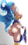 1girl 1girl 1girl aqua_(konosuba) ass bare_shoulders big_breasts blue_eyes blue_hair blush breasts detached_sleeves from_behind hair_ornament hair_rings high_resolution holding_skirt kilalesi kono_subarashii_sekai_ni_shukufuku_wo! long_hair looking_at_viewer no_bra nopan simple_background skirt skirt_removed smile stockings very_long_hair white_background