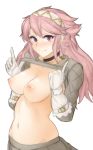 1girl 1girl areola big_breasts blush breasts choker clavicle closed_mouth curvaceous fire_emblem fire_emblem_heroes fire_emblem_if flashing gloves hair_between_eyes headband high_resolution jewelry long_hair looking_at_viewer navel neck_ring nipples pink_eyes pink_hair pleated_skirt pointing pointing_up purple_eyes skirt smile soleil_(fire_emblem) standing sweater transparent_background tridisart