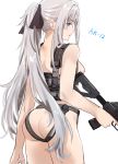 1girl 1girl 1girl ak-12 ak-12_(girls_frontline) ass assault_rifle black_ribbon breasts girls_frontline grey_eyes grey_hair gun high_resolution long_hair nipples no_bra nopan ribbon rifle rin_(028ilc) sideboob weapon white_background