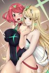 2_girls alluring big_breasts blonde_hair breast_grab female_only mythra nintendo pyra red_eyes red_hair xenoblade xenoblade_(series) xenoblade_chronicles xenoblade_chronicles_2 yellow_eyes yuri