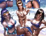 bikini_pull blizzard_entertainment breasts brigitte_(overwatch) brigitte_lindholm liang_xing looking_at_viewer looking_up multiple_girls multiple_views overwatch partially_submerged partially_visible_vulva pharah_(overwatch) ponytail realistic side-tie_bikini standing sunglasses thigh_strap widowmaker_(overwatch)