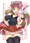 1girl big_breasts breast_grab clothing cute nintendo panties pokemon pokemon_xy serena skirt_lift sylveon thick_thighs