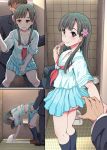  1boy 1girl bathroom clothed clothed_sex condom doggy_position hair_flower idolmaster indoors kobayakawa_sae long_hair male/female panties_around_knees panties_down pink_panties producer_(idolmaster) school_uniform sex skirt takemasa taken_from_behind toilet underwear young 