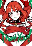 1girl alternate_costume bangs bell bell_collar blush celica celica_(fire_emblem) christmas earrings english_text fire_emblem fire_emblem_echoes fire_emblem_echoes:_mou_hitori_no_eiyuuou fire_emblem_echoes:_shadows_of_valentia green_lipstick green_nails jingle_bell looking_at_viewer medium_breasts medium_hair naked_ribbon nintendo orange_eyes orange_hair present revolverwingstudios ribbon santa_hat smile solo_female source_request text thank_you under_boob