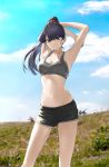 1girl 1girl black_hair breasts komi-san_wa_komyushou_desu komi_shouko long_hair looking_at_viewer medium_breasts minishorts navel shorts