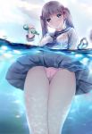 black_hair blue_eyes cameltoe clouds fringe hmniao long_sleeves looking_at_viewer miniskirt non-nude original panties partially_submerged pink_panties pleated_skirt underwear upskirt wet_shirt