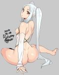 1girl 1girl 1girl agawa_ryou ass back bangs bare_shoulders barefoot bottomless breasts detached_sleeves dimples_of_venus feet from_behind full_body grey_background long_hair long_sleeves looking_at_viewer looking_back nipples original parted_bangs parted_lips posterior_cleavage red_eyes shiny shiny_skin sidelocks silver_hair simple_background sitting small_breasts tied_hair tsurime twin_tails very_long_hair white_sleeves wide_hips yokozuwari