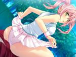  1boy 1girl ass buttjob clothed erections female game_cg green_eyes male male/female marushin_(denwa0214) miniskirt non-nude pink_hair pink_panties skirt skirt_lift skirt_lifted_by_self tennis_court tennis_uniform uniform 