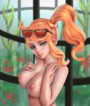  1_girl 1girl aqua_eyes asymmetrical_hair big_breasts blush breasts erect_nipples eyewear_on_head female female_human female_only hair_ornament high_resolution human jinxel_world long_hair long_sleeves looking_at_viewer nail_polish nipples orange_hair pink_nipples pokemon pokemon_(game) pokemon_sword_&amp;_shield ponytail side_ponytail smile solo sonia_(pokemon) sunglasses tied_hair topless 