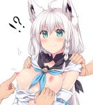  !? /// 1girl 1girl ahoge animal_ears aqua_eyes blush braid breasts closed_mouth detached_sleeves eyebrows_visible_through_hair hasu_(hk_works) hololive long_hair medium_breasts nipples shirakami_fubuki simple_background single_braid smile solo_focus tied_hair upper_body virtual_youtuber white_background white_hair 