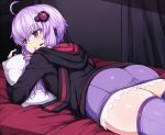  1boy animal_hood bangs bed bunny_hood controller dress eyebrows_visible_through_hair from_behind hair_ornament long_hair looking_away non-nude null_(nyanpyoun) on_bed on_stomach open_mouth pillow posterior_cleavage purple_eyes purple_hair purple_legwear shirt short_hair vocaloid voiceroid yuzuki_yukari 