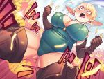 1girl alternate_costume big_breasts blonde_hair blush breasts chubby elf elf-san_wa_yaserarenai erufuda-san food gofa leotard pointy_ears revealing_clothes short_hair stockings thick_thighs thighs