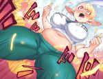 1girl big_breasts blonde_hair blush breasts cameltoe chubby elf elf-san_wa_yaserarenai erufuda-san food gofa pointy_ears short_hair stockings thick_thighs thighs