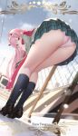 ass cangkong copyright_name covering_mouth darling_in_the_franxx full_body green_eyes horns long_hair looking_at_viewer non-nude pantyshot pink_hair pink_panties school_uniform underwear upskirt zero_two_(darling_in_the_franxx)