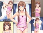 1boy 1girl alluring blue_eyes bow_panties brown_hair cameltoe darashinai_imouto_ni_itazura_shitemita_2 embarrassed erection_under_clothes john_doe_shinobu morning_wood multiple_views non-nude original panties striped_panties surprised underwear