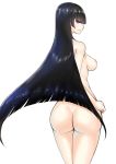  1girl 1girl ass bangs black_hair breasts high_resolution legs long_hair looking_back medium_breasts nipples nude sideboob simple_background smile very_long_hair vvv white_background 