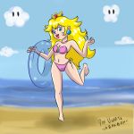  beach bikini blonde_hair clouds crown jewelry la_roxbox_(artist) nintendo princess_peach red_lips sand sea super_mario_bros. super_mario_sunshine 