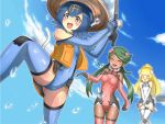  3_girls 3girls alternate_costume blonde_hair blue_hair blush clothed cosplay embarrassed female female_human female_only game_freak green_hair hat human impossible_clothes lana lana_(pokemon) leotard lillie lillie_(pokemon) long_hair mallow mallow_(pokemon) mao_(pokemon) nintendo pokemon revealing_clothes short_hair sky_girls standing suiren_(pokemon) taimanin_asagi water 