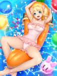 blonde_hair blue_eyes full_body masami_chie non-nude open_legs open_mouth pink_swimsuit pool smile