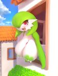 1girl anthro anthrofied big_breasts breasts clouds day eye_contact female_only gardevoir green_hair green_nipples green_skin hair_over_one_eye huge_breasts inverted_nipples lactation long_breasts looking_at_viewer milk nintendo nude nude_female open_mouth pink_eyes plantpenetrator pokemon pokemon_rse red_eyes short_hair sky smile solo_female tongue topless white_skin window