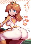 1girl ass big_ass blue_eyes bodysuit brown_hair crown eyelashes female female_only hearts japanese_text looking_at_viewer looking_back mario_kart motion_lines nintendo princess_daisy roy_(fire_emblem) sexy super_mario_bros. text tsukiwani