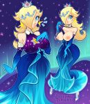 1girl big_breasts bleedingpervert blonde blonde_hair breasts breasts_outside clothed crown dress earrings female_only hair_ornament hair_over_one_eye long_blonde_hair long_hair looking_at_viewer princess_rosalina rosalina star_earrings super_mario_bros. topless