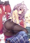  animal_ears animal_tail braid cameltoe hair_between_eyes long_hair looking_at_viewer looking_back non-nude open_shirt original panties_under_pantyhose polka_dot ryo_(artist) ryo_(botsugo) thighs white_hair 