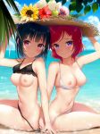 2_girls areola areolae armpit_peek bangs beach bikini bikini_down bikini_lift bikini_top_lift black_bikini blue_hair blush breasts_outside closed_mouth crossover duo duo_focus exposed exposed_breasts feet_out_of_frame female female_focus female_only hand_holding hand_on_headwear hat holding_hands looking_at_viewer love_live!_school_idol_project love_live!_sunshine!! medium_breasts mignon navel nipples nishikino_maki outdoor outside partially_submerged pink_eyes purple_eyes red_hair seaside shade shadow short_hair sitting small_breasts smile thighs tsushima_yoshiko water white_bikini