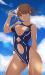 1girl alluring bangs bare_arms blue_sky blue_swimsuit blush bottle braid breasts brown_eyes brown_hair cleavage cleavage_cutout clothing_cutout cloud dead_or_alive gluteal_fold high_res highleg highleg_swimsuit holding holding_bottle lei_fang looking_at_viewer medium_breasts navel_cutout one-piece_swimsuit outside popo_agaga sky smile stockings sunlight swimsuit tecmo twin_braids water_bottle wet wet_clothes wet_swimsuit