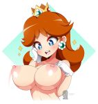 1_girl 1girl areola big_breasts blue_eyes breasts brown_hair crown earrings female female_only flower_earrings gloves happy iryanic light_skin looking_down mario_bros mostly_nude naked_gloves nintendo nipples no_bra princess_daisy puffy_nipples solo solo_female sparkle super_mario_bros. topless upper_body white_gloves wide-eyed