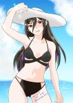 1girl alluring beach bikini black_bikini black_hair black_swimsuit breasts clouds cowboy_shot day hair_down hat high_res lips long_hair looking_at_viewer medium_breasts midriff morag_ladair_(xenoblade) navel nayuta-kanata nayuta-knt nintendo ocean outside red_eyes sky small_breasts sun_hat swimsuit water xenoblade_(series) xenoblade_chronicles_2