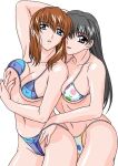 2_girls alluring big_breasts bikini black_eyes black_hair blue_eyes breast_grab breasts brown_hair covered_erect_nipples dead_or_alive fingernails grabbing hairband hitomi lei_fang long_fingernails long_hair long_nails multiple_girls nail nail_polish pink_nails rudoni swimsuit tecmo yuri