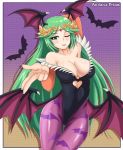 1girl 1girl alternate_costume bats blush breasts cosplay demon_wings green_hair impossible_clothes leotard long_hair looking_at_viewer medium_breasts morrigan_aensland nintendo palutena smile vampire_(game) wings