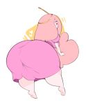 1girl 1girl 2019 adventure_time ass big_ass breasts bulumble-bee closed_eyes clothing crown dress female_only fully_clothed huge_ass pink_hair pink_skin presenting_hindquarters princess_bubblegum simple_background smile thick_thighs thighs