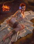 1girl aloy aloy_(horizon) ass bdsm bondage bound breasts campfire completely_nude evulchibi female_only female_solo green_eyes high_resolution horizon_zero_dawn long_hair medium_breasts nipples nude nude_female orange_hair pussy red_hair redhead rope solo_female