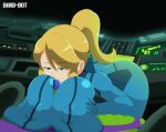 1boy 1girl areola bard-bot big_breasts big_breasts blonde_hair bodysuit breasts cum cum_on_breasts cum_volcano erection gif huge_breasts metroid nipples paizuri penis ponytail samus_aran straight tied_hair