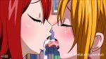 2_girls blonde_hair blush cum cum_in_mouth cum_sharing cum_swap erza_scarlet fairy_tail french_kiss kissing long_hair lucy_heartfilia red_hair tongue tongue_out yuri