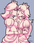 2_girls 2girls akairiot blush clothed crown dress earrings female female/female female_only flower_earrings french_kiss gloves interlocked_fingers kissing long_hair nintendo princess_daisy princess_peach short_hair super_mario_bros. tongue tongue_out yuri