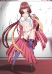 1girl aoki_hagane_no_arpeggio blush bow_bra bow_panties bra dress female female_only glasses hiei_(aoki_hagane_no_arpeggio) long_hair looking_at_viewer mental_model panties partially_clothed partially_undressed removing_clothes solo standing stockings taking_off_clothes underwear undressing